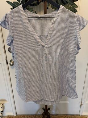 Old Navy Vertical Stripes Linen Blend Top Short Ruffle Flutter Sleeves XL